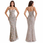 Women Floral Embroidery Sequin Mermaid Prom Dress, Spaghetti Strap Corset Bodycon Long Evening Gown for Wedding Guest Formal Party - Matrix-studios.com