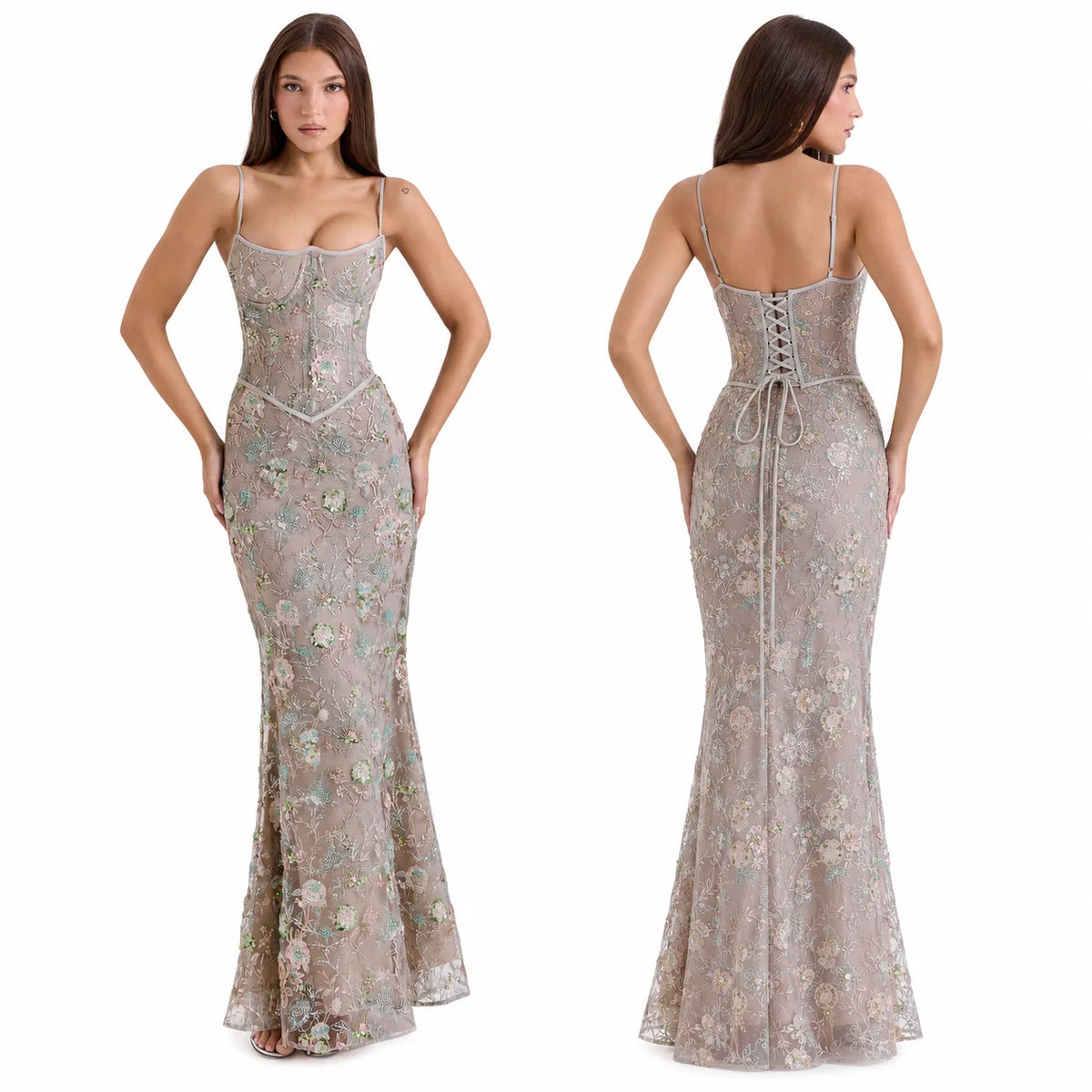 Women Floral Embroidery Sequin Mermaid Prom Dress, Spaghetti Strap Corset Bodycon Long Evening Gown for Wedding Guest Formal Party - Matrix-studios.com