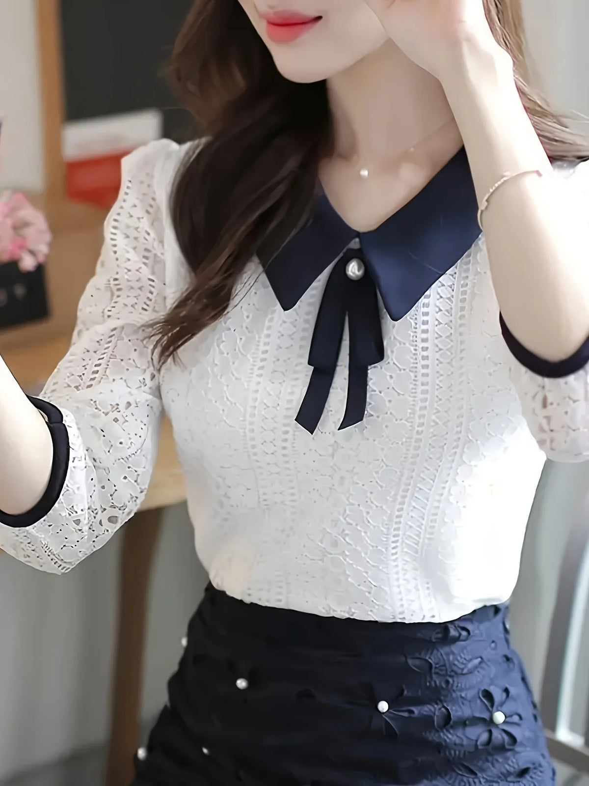 Women's Spring Autumn Style Lace Blouses Shirt Women Peter Pan Collar Solid Color Half Sleeve Elegant Lace Tops SP8676 - Matrix-studios.com