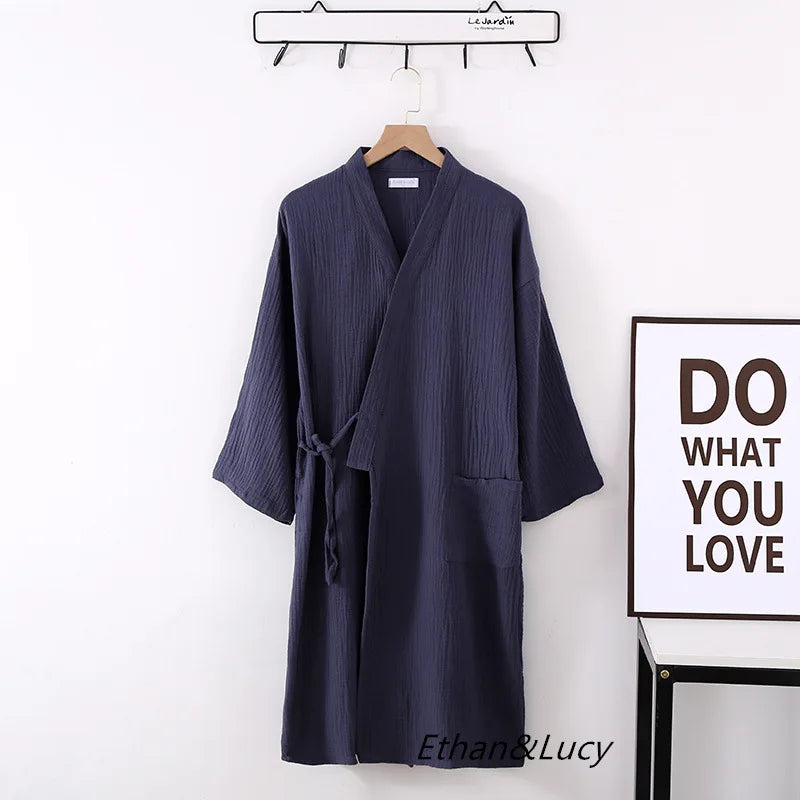 Couples Crepe Gauze Bathrobe Solid 100% Cotton Robe Long-sleeved V-neck Kimono Wedding Robes Sleepwear Plus Size Dressing Gown - Matrix-studios.com