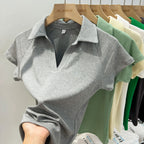 Niche Design Slim Fit Short Sleeve Women T-Shirt 2026 Summer New Arrival V-Neck Polo Shirt Unique Elegant Top Korean Solid Tee - Matrix-studios.com