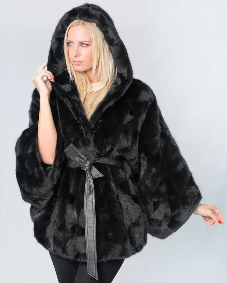 2026 Women's New Mink Fur Bat Top, Hooded Shawl Jacket, Real Mink Fur Leather Jacket - Matrix Studios