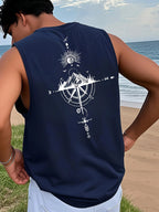 Men's Fashionable Casual Sports Loose Compass and Mountain Pattern Print Comfortable and Breathable Round Neck Sleeveless Vest - Matrix Studios