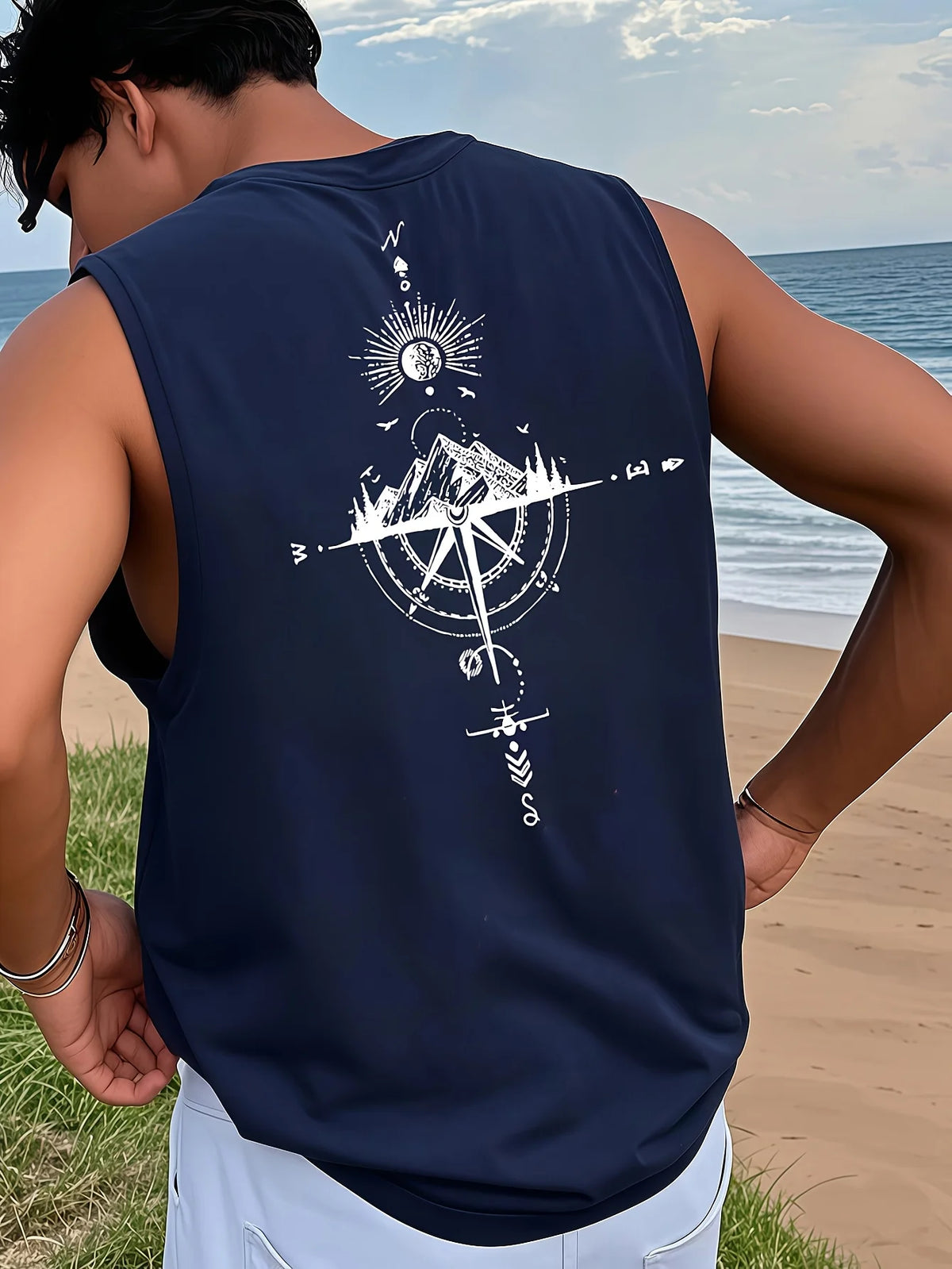 Men's Fashionable Casual Sports Loose Compass and Mountain Pattern Print Comfortable and Breathable Round Neck Sleeveless Vest - Matrix Studios