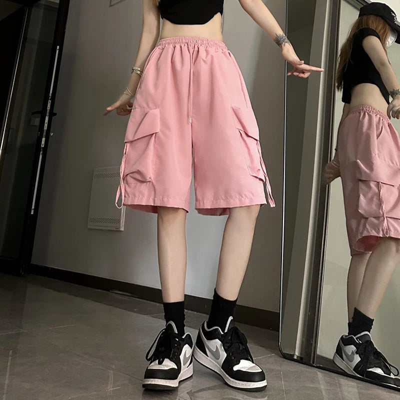 ZOKI Women High Waist Cargo Shorts American Style Streetwear Summer Wide Leg Pants Fashion Female Big Pocket Loose Shorts New - Matrix Studios