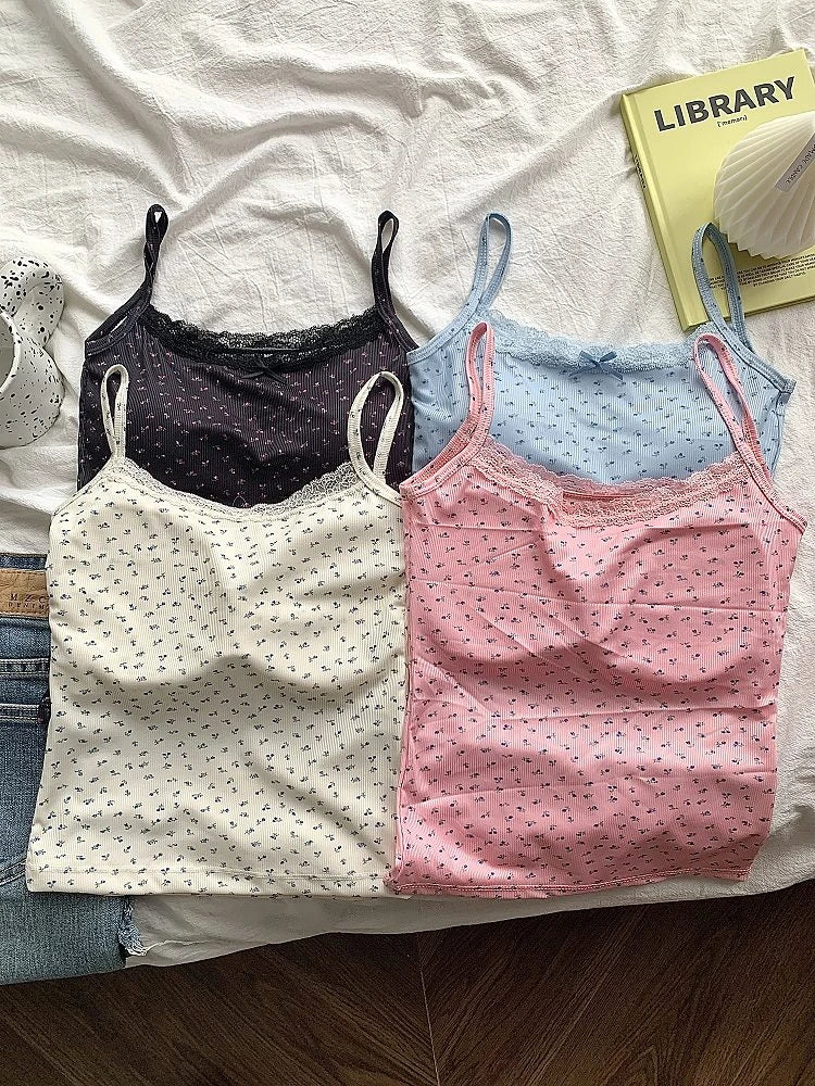 Elegant Lace Flower Print Slim Sexy Vest Floral Tops One Size Tank Spring Sweet Bowknot Style T-Shirt Casual Crop Top Summer - Matrix-studios.com