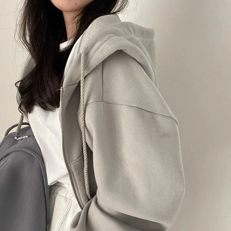 Korean Hood Shirt Women Fashion Fleece Lined Loose Hoodies Zipper Long Sleeve Crop Tops Harajuku Female Jackets Coats Sweatshirt - Matrix Studios