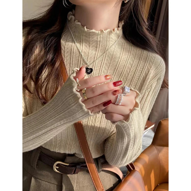 New Women's Autumn and Winter Solid Color Ruffled Semi-turtleneck Long-sleeved Knitted Sweater Casual Women's Knitted Pullovers - Matrix Studios