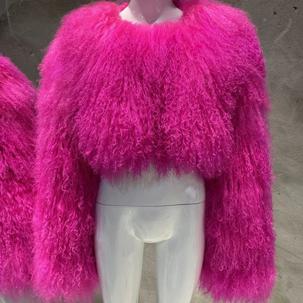 Short Genuine Fur Coat Mongolia Sheep Fur Long Sleeves Women's Warm Jacket - Matrix Studios