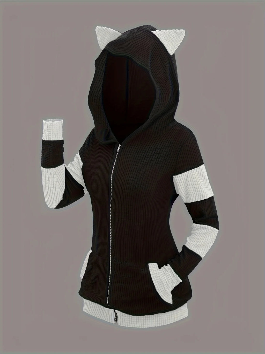 2024 European and American fashion women's new thick cat ears in autumn and winter long color matching hooded sweater coat - Matrix Studios
