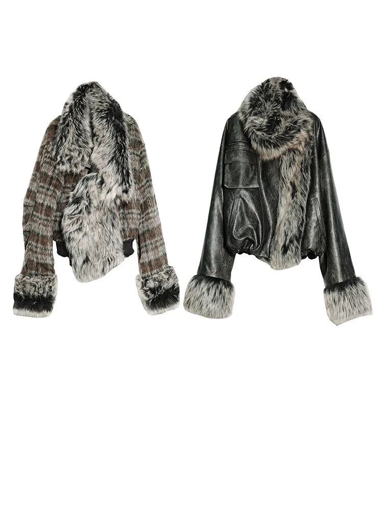 [EAM] Plaid Both Side Wear Leather Big Size Faux Fur Jacket New Lapel Long Sleeve Women Coat Fashion Autumn Winter 2026 1DH9343 - Matrix Studios