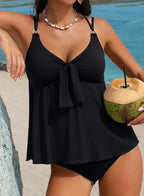 Women Bikinis Set Solid Two Piece Tankini Swimsuit V Neck Front Knot Flowy Overlay Top O Ring High Rise Tummy Control Swim - Matrix-studios.com