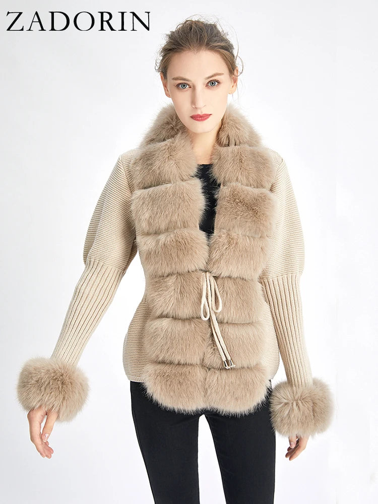 ZADORIN Autumn Winter Women Faux Fur Coat Luxury Knitted Sweater Fur Cardigan Detachable Collar White Pink Jacket Faux Fur Coats - Matrix Studios