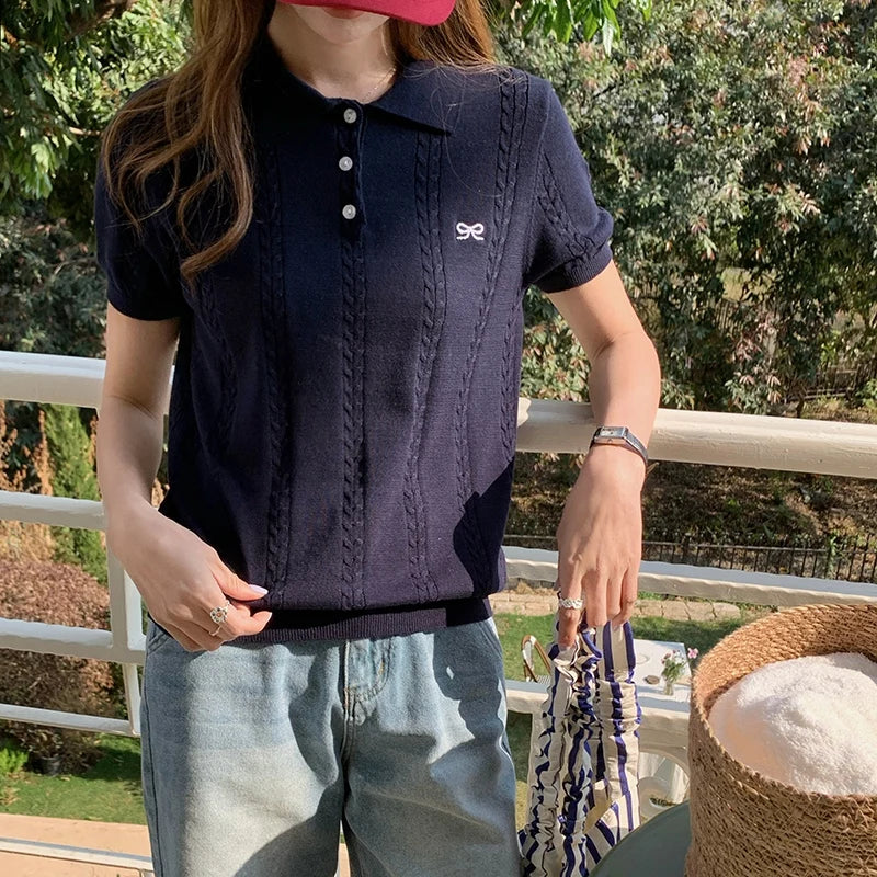 WinvyNee Spring Summer Women's Cotton Sweaters Polo Short Sleeve Clothing Bow T Shirts Casual Outerwears Pullover Tops A1522066 - Matrix-studios.com