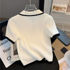 Fashion Knitted Short Sleeved T-shirt for Women 2025 New Summer Polo Neck Contrast Color Crop Tops All Match Ladies Tees - Matrix-studios.com