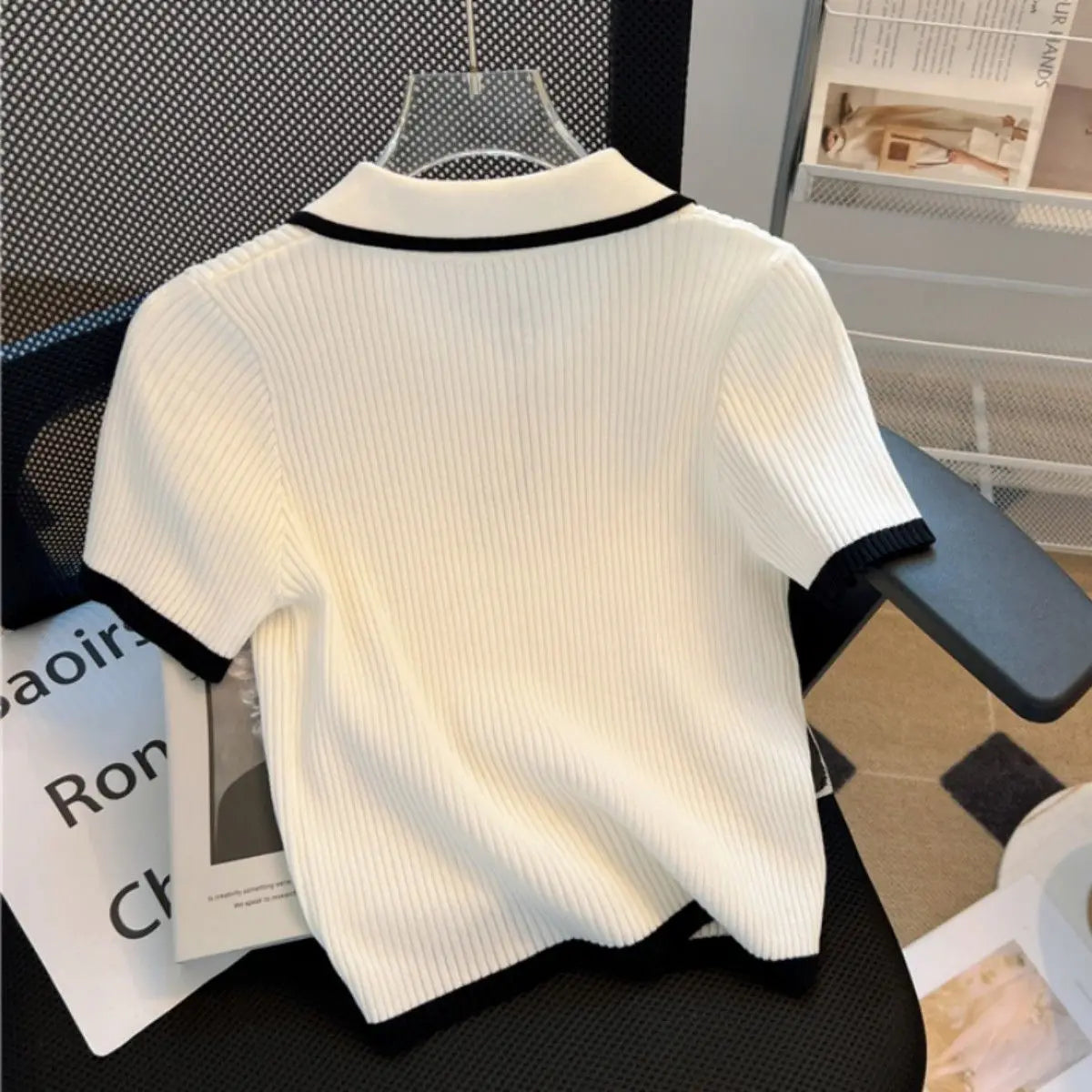 Fashion Knitted Short Sleeved T-shirt for Women 2025 New Summer Polo Neck Contrast Color Crop Tops All Match Ladies Tees - Matrix-studios.com