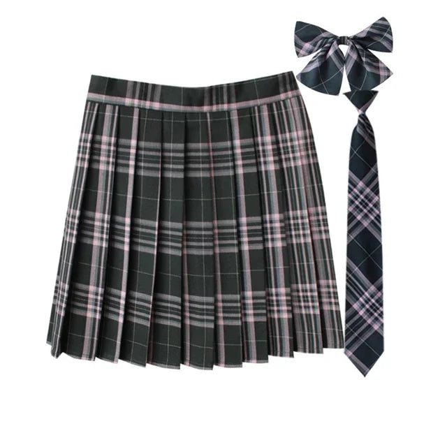 Women Summer Plaid Pleated Skirt With Necktie Bowtie Korean Jk Skirt Uniform Japanese School Preppy A Line Mini Skirts - Matrix-studios.com