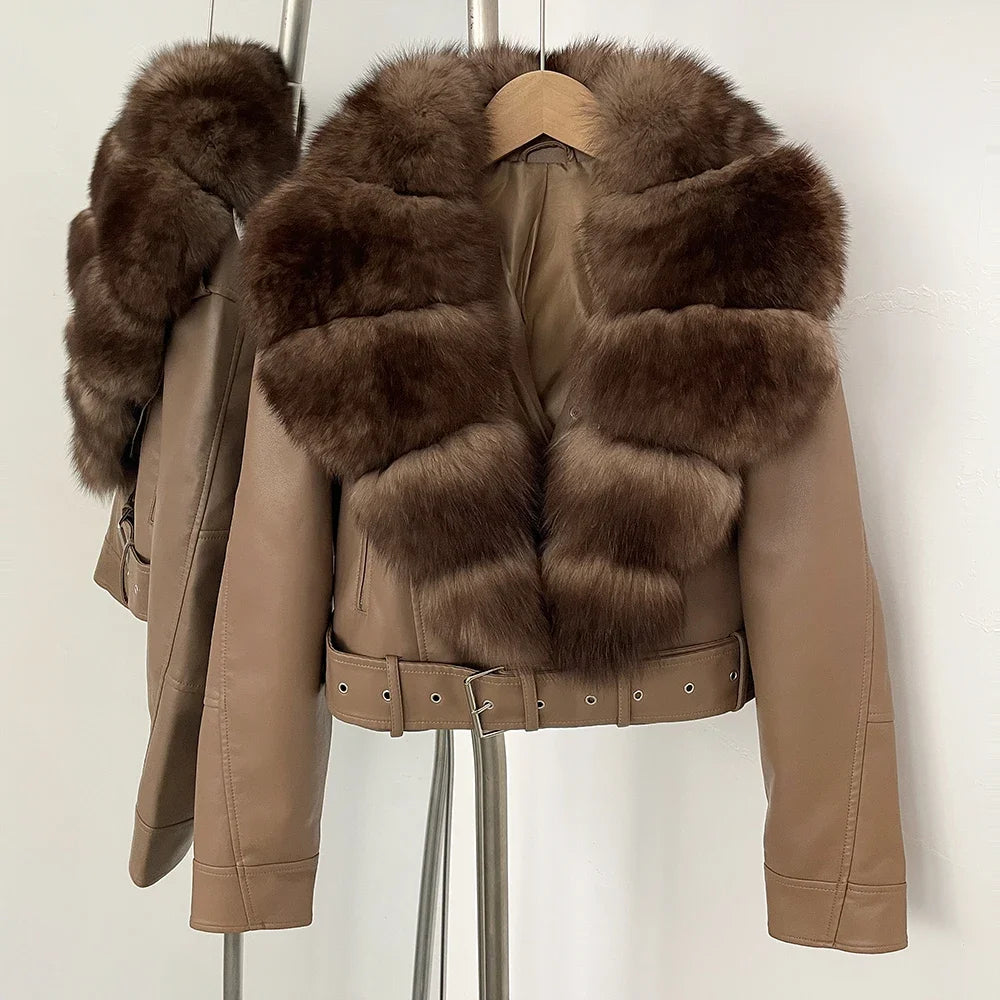 Fake Leather Coat New Natural Fox Fur Autumn Short Faux Leather Jacket Female Spring PU Women Long Sleeve Real Fur Coat Thin - Matrix Studios