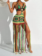 Women Summer Crochet Halter Deep V Neck Cover Ups Multicolor Swimsuit Long Tassel Bikini Knit Dress Cover-Ups Backless Beachwear - Matrix Studios