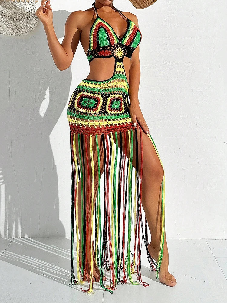 Women Summer Crochet Halter Deep V Neck Cover Ups Multicolor Swimsuit Long Tassel Bikini Knit Dress Cover-Ups Backless Beachwear - Matrix Studios