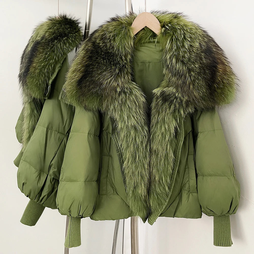 OFTBUY New Winter Large Real Fox Raccoon Fur Puffer Coat Women Oversized Feather Down Parka Knit Sleeve Duck Down Jacket Female - Matrix Studios