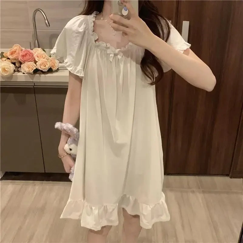 Women's White Mid Length Nightgown Summer Sexy Sleepwear Pajamas New Home Clothes Night Dress For Sleeping - Matrix-studios.com