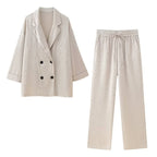 European and American Style 2024 Spring and Summer New Women's Clothing Wrinkle Effect Double Breasted Suit Jacket Pants Set - Matrix-studios.com