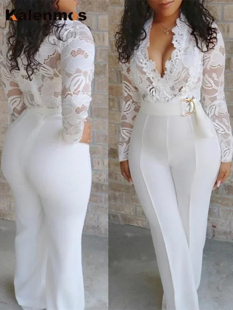 White Jumpsuit Women Overalls Elegant Lace Long One Piece High Waist Feather Y2k Sexy Wedding Party Night Evening Rompers - Matrix Studios