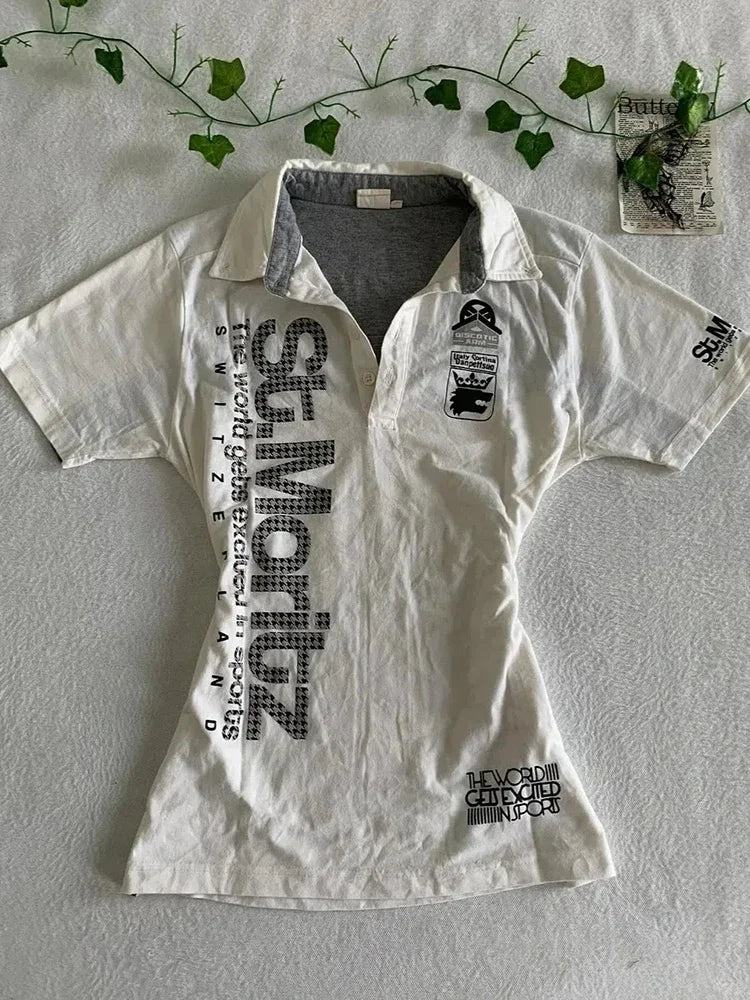 Y2K Japanese Streetwear Polo Shirt Women Slim Crop Tee 2025 White Short Sleeve Tops Letter Badge Houndstooth Vintage Harajuku - Matrix-studios.com