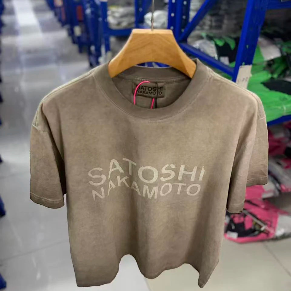 American Trend Brand SATOSHI Classic Vintage Print T-shirt New High Street Fashion Style Short-sleeved for Both Men and Women - Matrix-studios.com