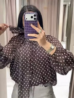Women Polka Dot Print Blouse Casual High Collar Long Sleeve Lady Top Simple Women's Blouse Female Shirts & Blouses - Matrix-studios.com