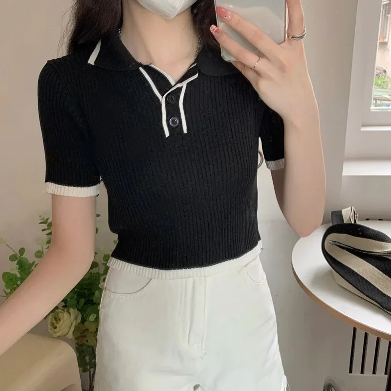 Short Sleeves Polo Collar Knitted T-shirt Women Contrast Color Rib-knit Crop Top Polo Shirt Summer SchoolGirl Preppy Outfit - Matrix-studios.com