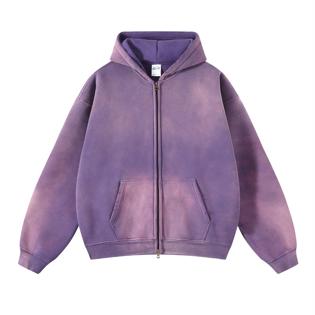 Men's Zip Up Hoodies Tie Dye Washed Double Oversize Cardigan Sweatshirt Loose Plus Plush Gradient Man Hooded Pullovers Winter - Matrix Studios