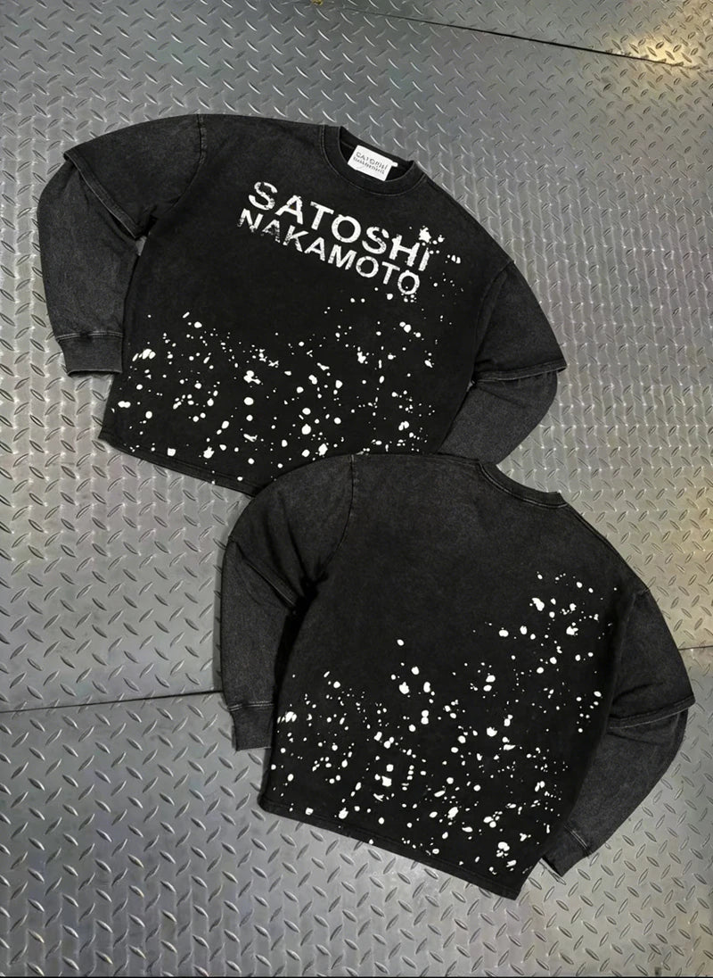 American High Street Satoshi Nakamoto Long Sleeve T Shirt Men Women Ink-blurry Retro Letter Print Double-layer Long Sleeve Top - Matrix-studios.com