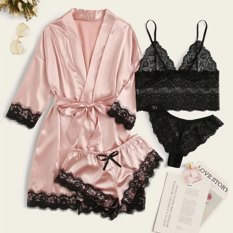 Sexy Women Home Dressing Gown Lingerie Lace Patchwork Satin Robe Set Nightwear Casual Sleepwear Kimono Bathrobe Home Nightdress - Matrix-studios.com