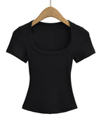 Square Collar High Stretch Summer Crop Tops Women Short Sleeve Tops Sexy Pullover Bottoming Blouses Slim T-shirt - Matrix-studios.com