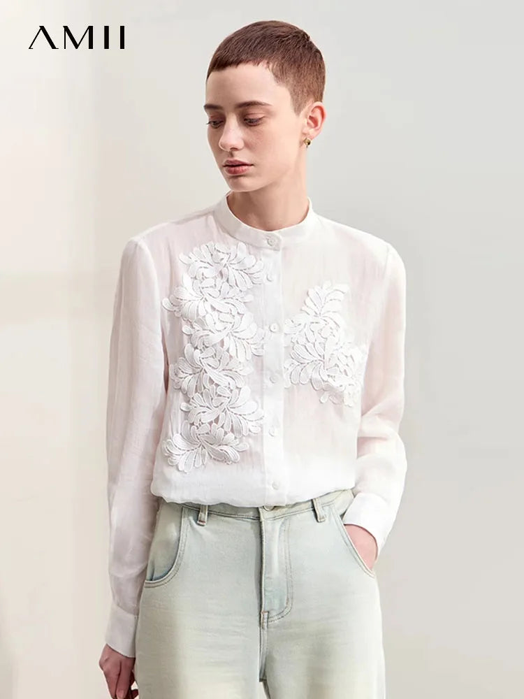 Amii Minimalism Women Shirts 2026 Autumn New Chinese Stand Collar Lace Decal Shirt Fashion Female Shell Button Blouses 12443001 - Matrix-studios.com
