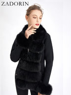 ZADORIN Autumn Winter Women Faux Fur Coat Luxury Knitted Sweater Fur Cardigan Detachable Collar White Pink Jacket Faux Fur Coats - Matrix Studios