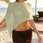 Women Sheer Ponchos Shrug Solid Color Off Shoulder Asymmetrical Knit Shawls Summer See Through Bikini Cover Up Beach Vacation - Matrix Studios