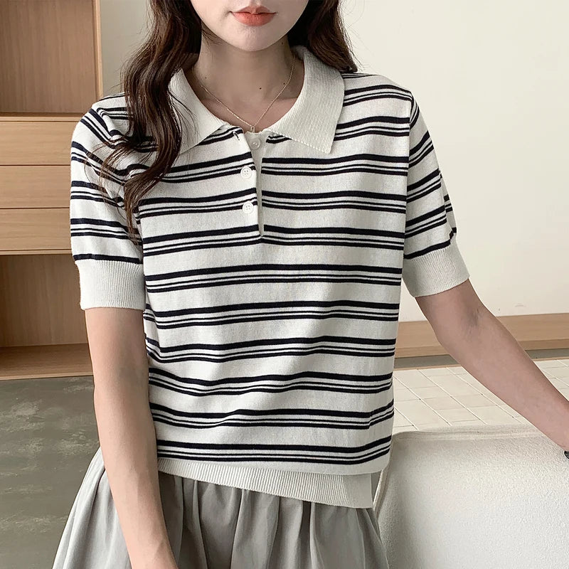 WinvyNee Summer Women's Pure Cotton Sweaters Polo T-Shirts White Half Sleeve Striped Tees Y2k Outerwears Pullover Tops ZA1523012 - Matrix-studios.com