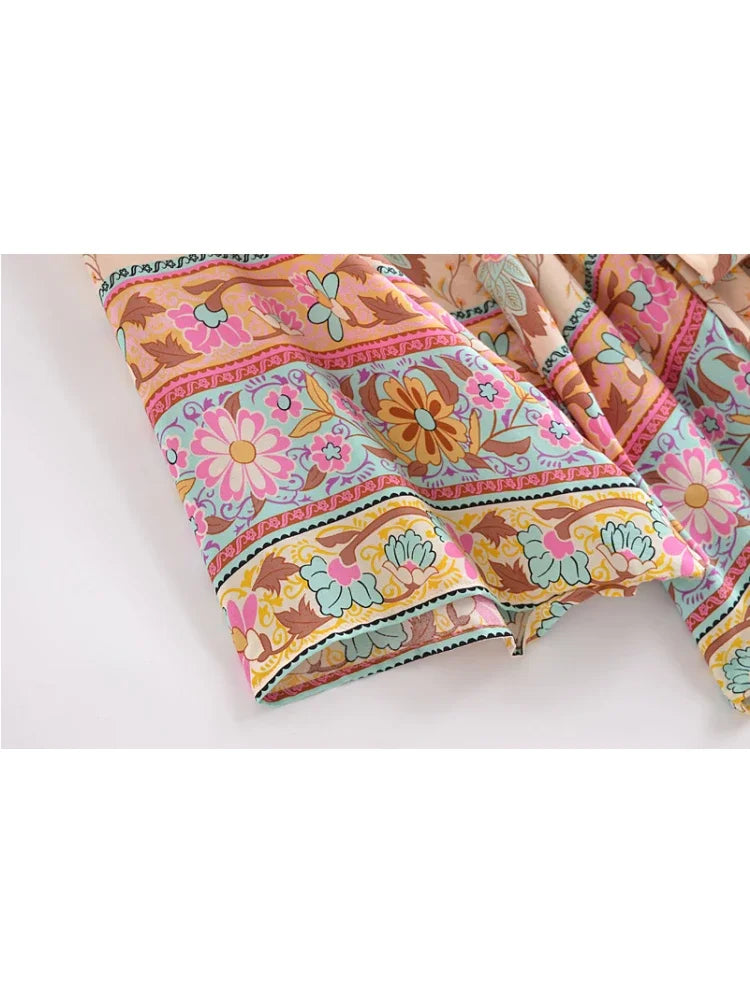 Happie Queens Vintage Peacock Floral Print Sashes Bohemian Kimono Women  V Neck Batwing Sleeves Short Robe Boho Bikini Cover-ups - Matrix Studios