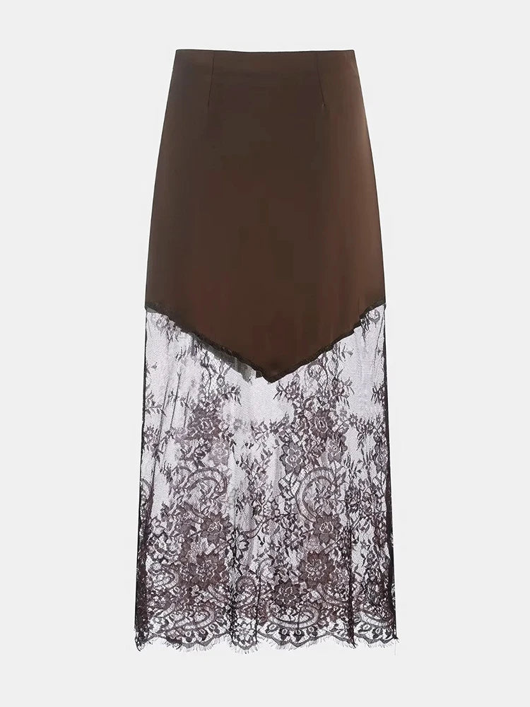 Trendix Women Patchwork Lace Skirts 2025 New High Waist Slim Hollow Out Maxi Skirts Autumn Brown Fashion Party Club Boho Skirt - Matrix-studios.com