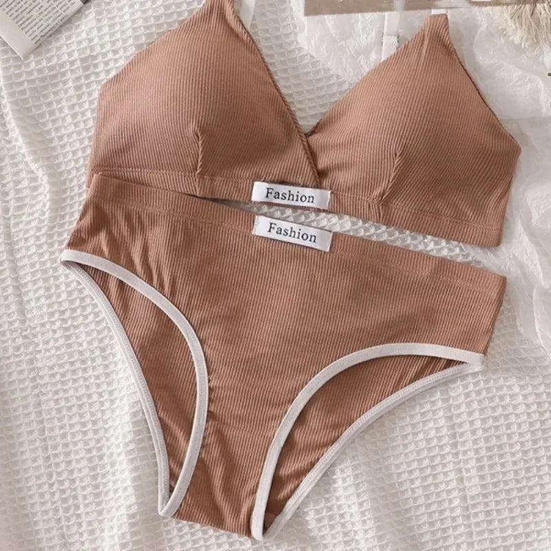 Women Cotton Bra Set Sexy Briefs Low Waist Panties Wire Free Bralette Sport Lingerie Vneck Brassiere Female Underwear Set - Matrix-studios.com