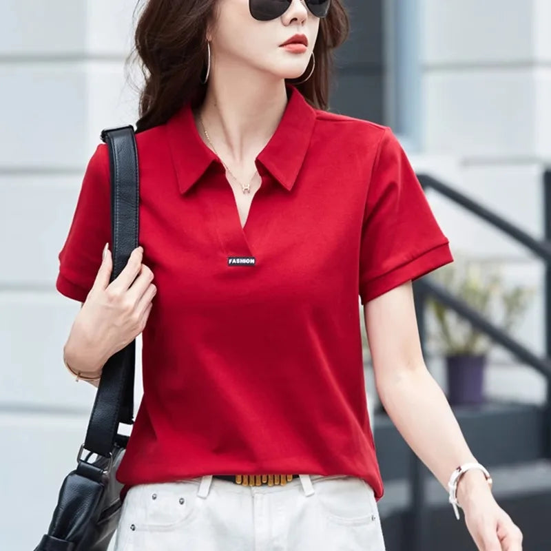 European Station Polo Neck Short sleeved T-shirt Women's Summer New Fashion Light Luxury Loose Large Cotton V-neck Casual Top - Matrix-studios.com
