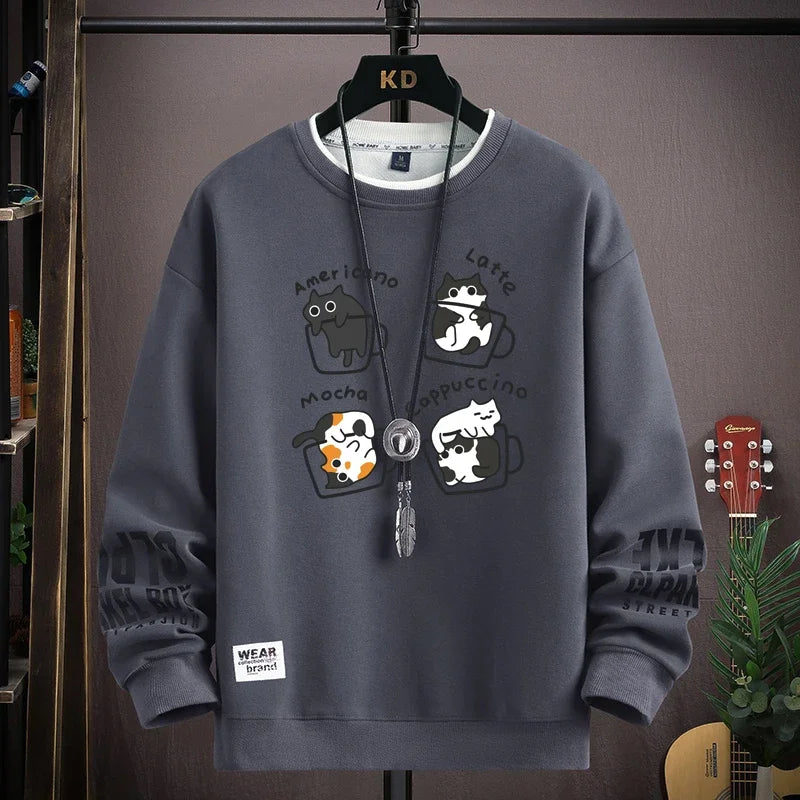 Spring Men's Sweatshirt Japan Cartoon Cats Printed Long Sleeve T-shirt Fashion Men's Clothing Khaki O Neck Harajuku Top 2024 New - Matrix Studios