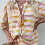 2025 Summer Women'S Hollow Striped Knitted 2 Pieces Set Short Sleeve Flip Collar Cardigan Single Breasted Casual Shorts Suits - Matrix-studios.com