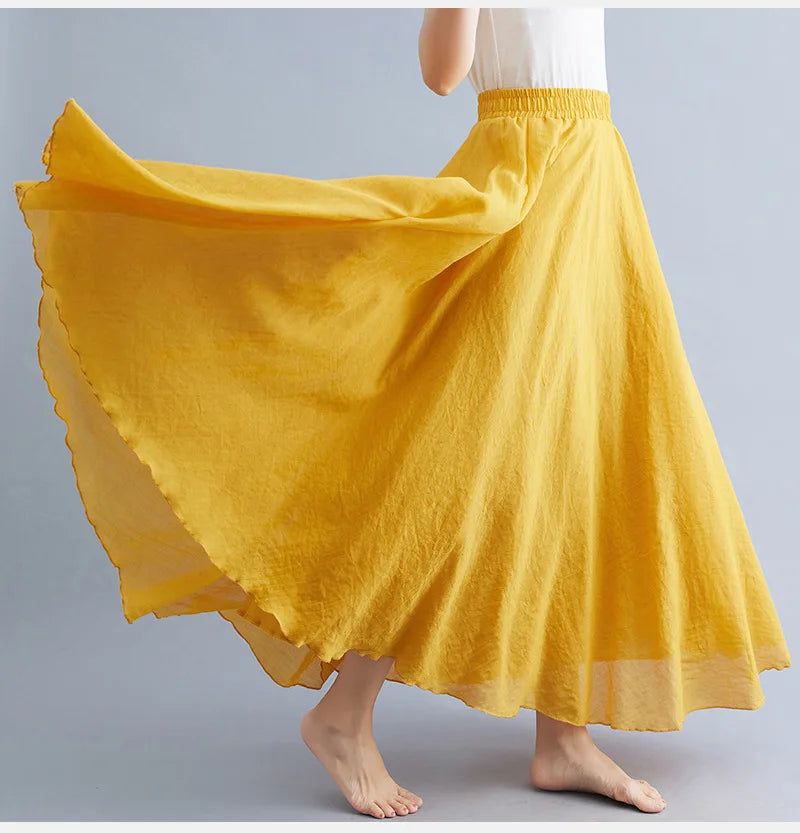 28-Color Mori Girl Literary Cotton Linen Dress Elastic Waist A-line Expansion Skirt Solid Color Ethnic Style Women Long Skirts - Matrix-studios.com