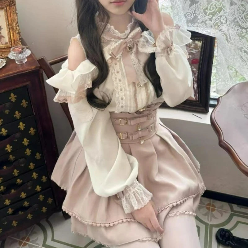 2026 Japanese Kawaii Short Skirt Sets Sweet Ruffles Off Shoulder Bow Shirt Gown Faldas Y2k Aesthetic Mini Skirts Lolita Full Set - Matrix-studios.com