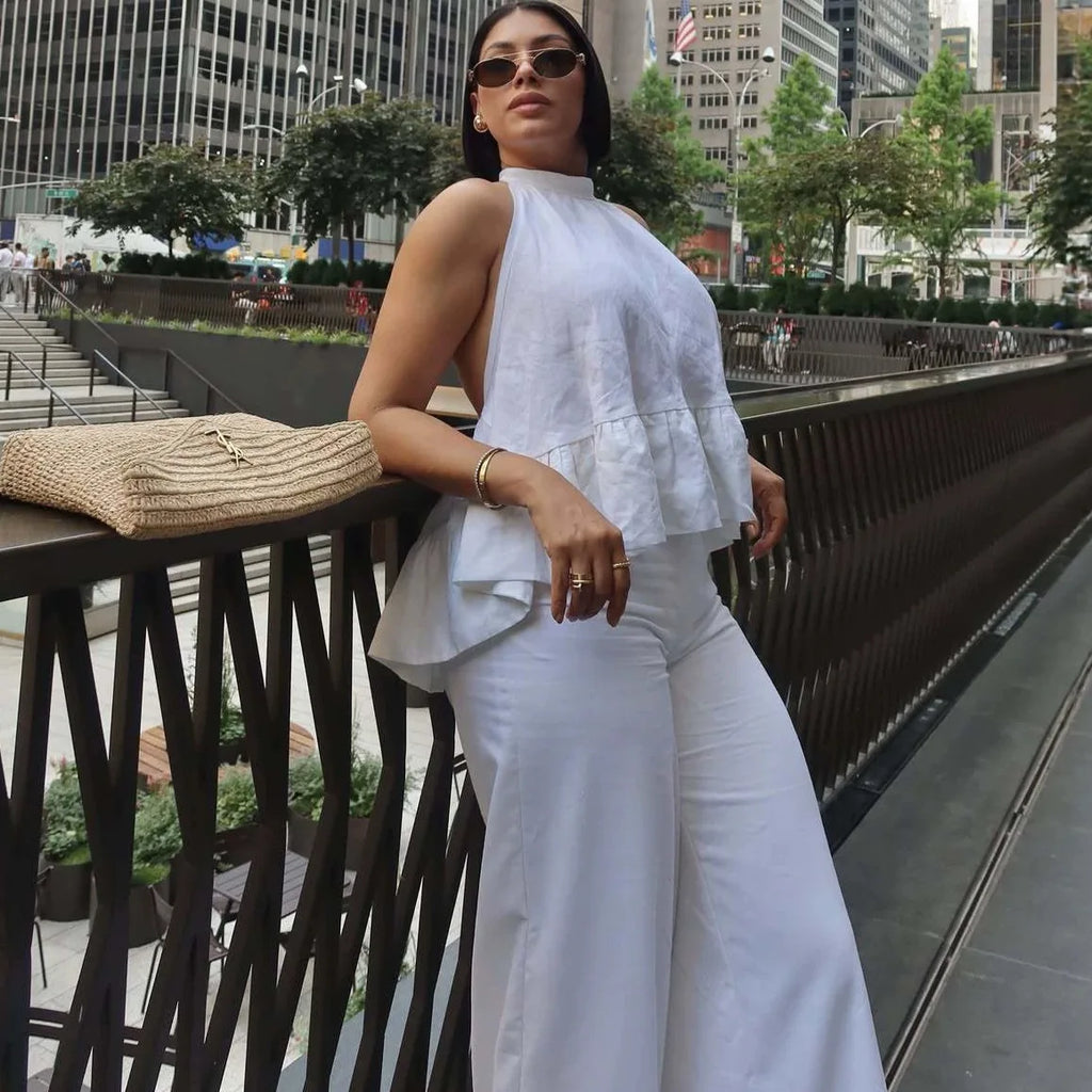 Two‑Piece Set Halter Tie‑Back Peplum Sleeveless Top & Wide‑Leg Pants Women Summer Backless Vacation Elegant Casual Matching Set - Matrix-studios.com