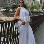 Two‑Piece Set Halter Tie‑Back Peplum Sleeveless Top & Wide‑Leg Pants Women Summer Backless Vacation Elegant Casual Matching Set - Matrix-studios.com